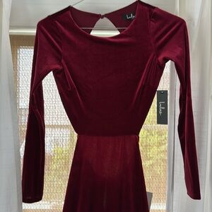 Lulu's Deep Red Long Sleeve Dress open back velvet long sleeve maxi xe